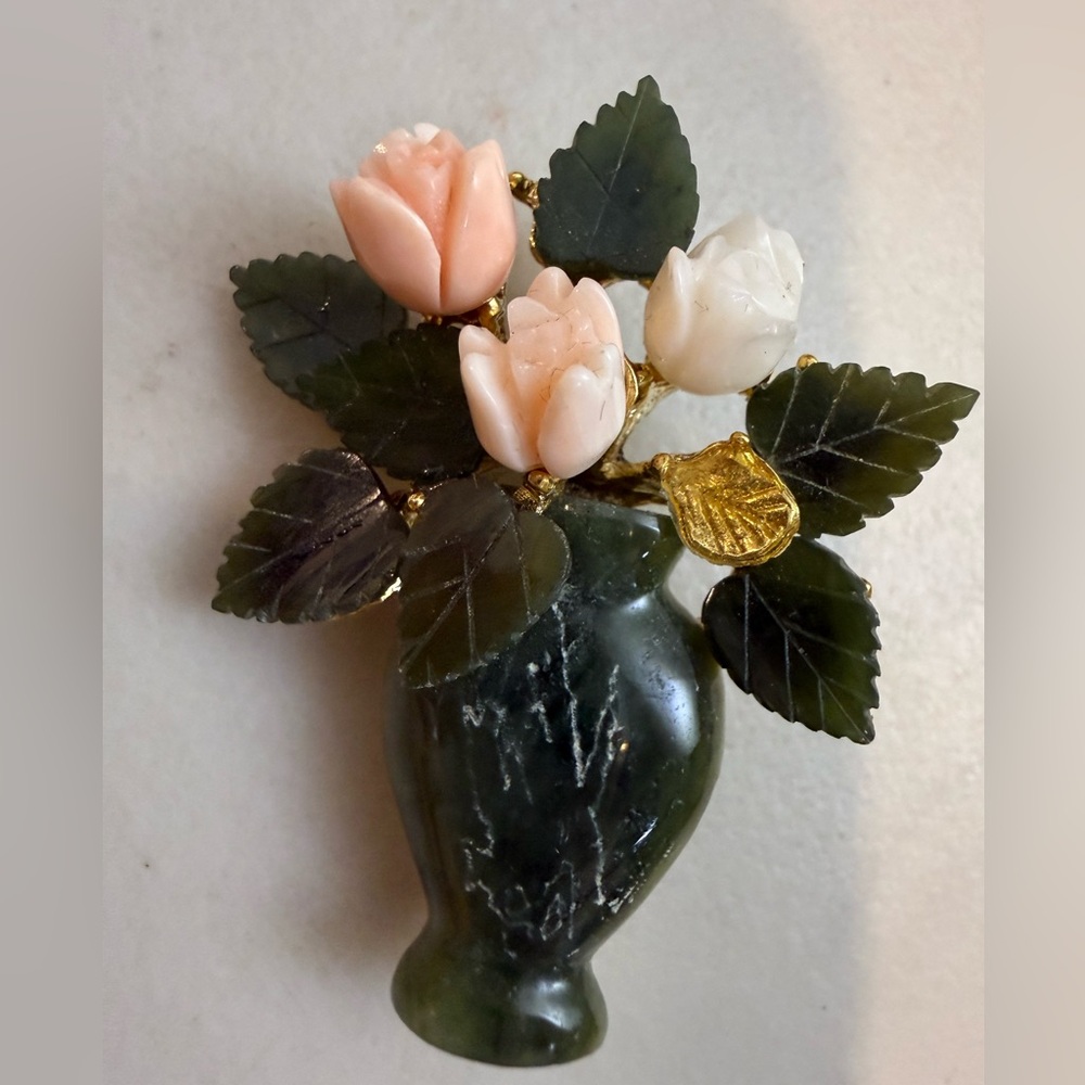 Vintage SWOBODA Carved‎ Coral , Jade and Pearl Gold Leaf Brooch Signed 2”